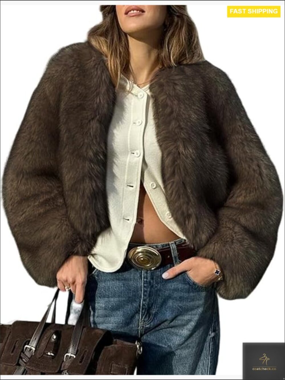 Cropped Faux Fur Coat Fluffy Open Front Winter Warm Outerwear Jacket - Picture 1 of 7